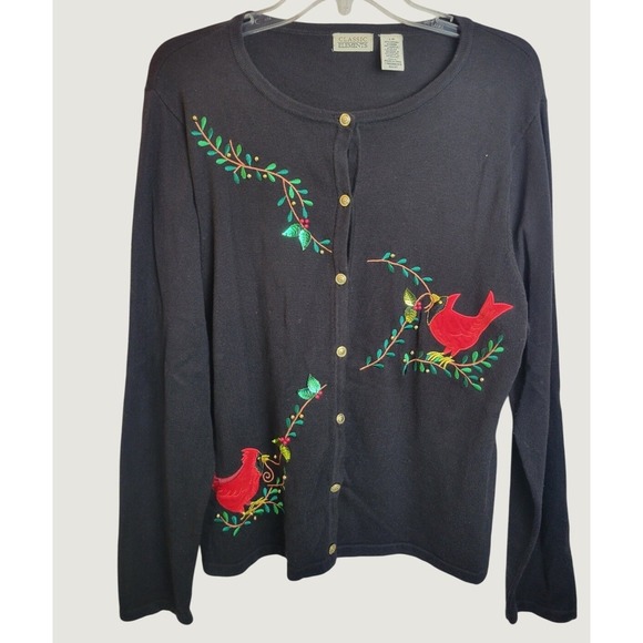 Classic Elements Sweaters - Vtg Classic Elements Cardigan Sweater Bird Embroidered Holiday Xmas Black Large